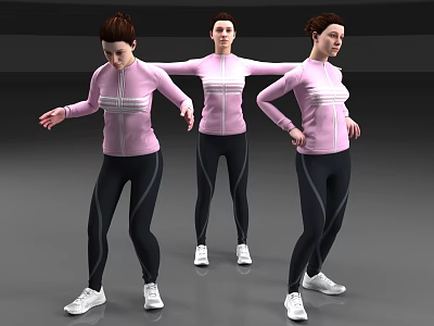 Women In Pink Sport Tops And Black Leggings Doing Stretching Poses On Gray Background 3d model