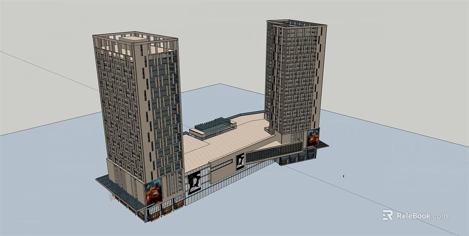 Modern Commercial Complex With Twin High Rise Towers And Connected Podium 3d model 