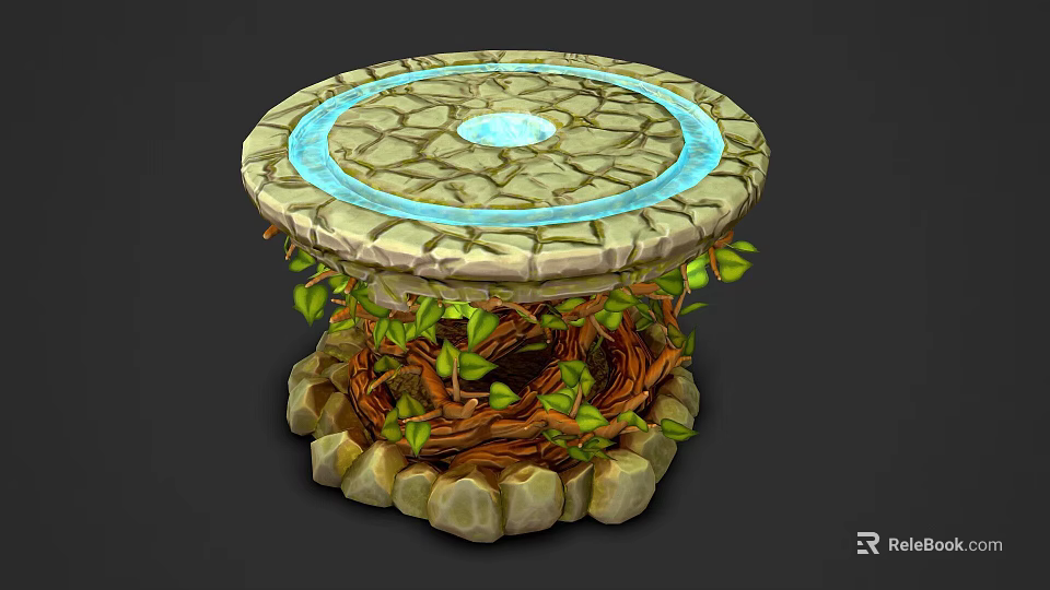 Round Stone Texture Dining Table With Blue Circular Center And Vines Stone Base 3d model