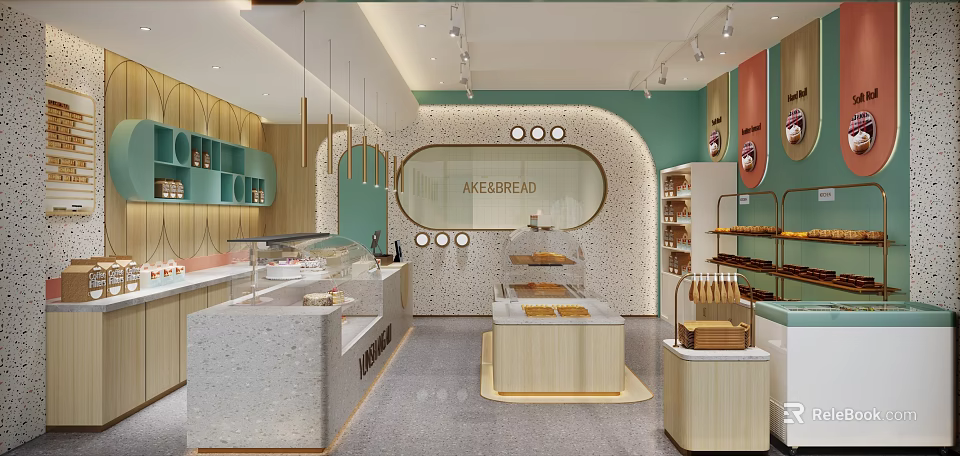 Elegant Modern Bakery Interior Design with Display Counters Shelves and Fresh Cakes Bread 3d model