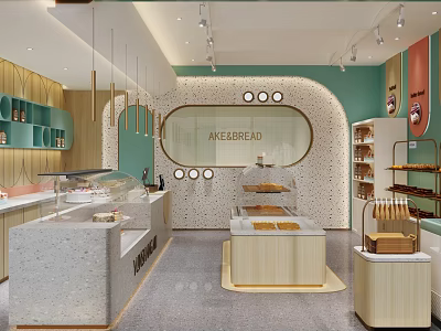 Elegant Modern Bakery Interior Design with Display Counters Shelves and Fresh Cakes Bread 3d model
