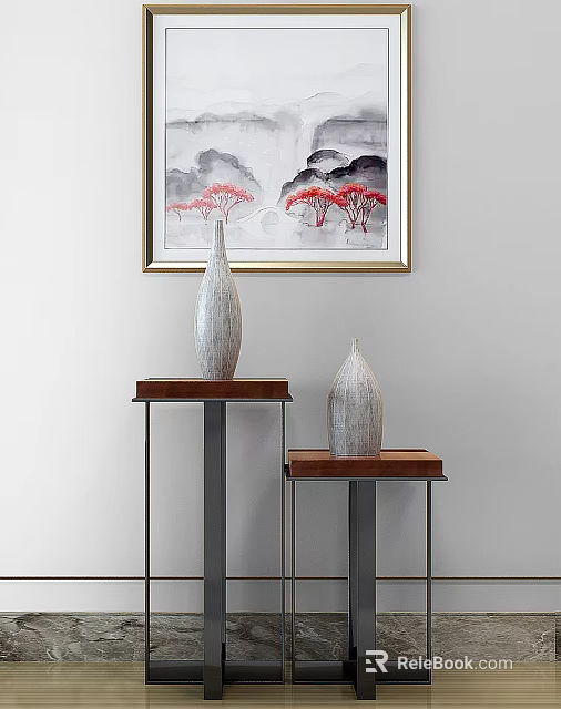 Modern Console Table With Two Ceramic Vases And Framed Wall Art 3d model