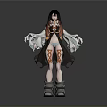 Anime Woman with Long Black Hair Orange Black Outfit Red Leg Patterns and Boots