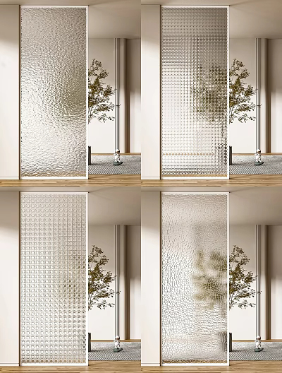Various Textured Glass Room Dividers With Patterns And Plants For Modern Interior 3d model