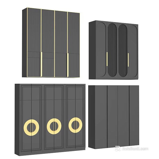 Elegant Modern Black Wardrobe Design With Gold Vertical Stripes And Circular Handles 3d model 