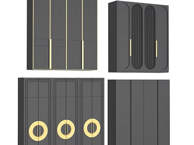 Elegant Modern Black Wardrobe Design With Gold Vertical Stripes And Circular Handles 3d model