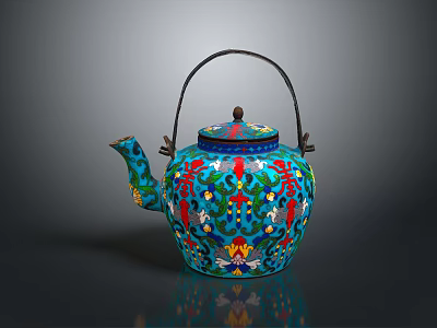 Vibrant Enamel Teapot With Intricate Floral Patterns And Decorative Handle 3d model