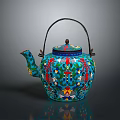 Vibrant Enamel Teapot With Intricate Floral Patterns And Decorative Handle