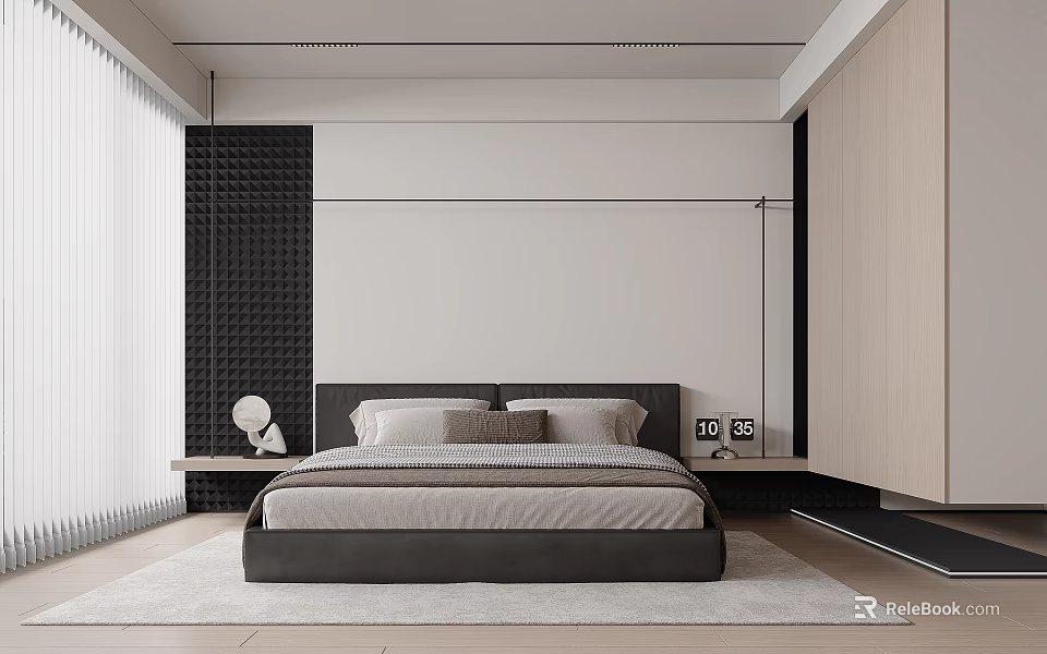 Modern Bedroom Interior With Gray Bed Black Textured Wall And Wooden Wardrobe 3d model 