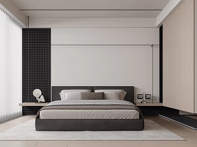 Modern Bedroom Interior With Gray Bed Black Textured Wall And Wooden Wardrobe 3d model