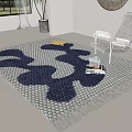 Modern Square Rug with Blue White Wave Pattern Sun Design Near Transparent Chair and Book