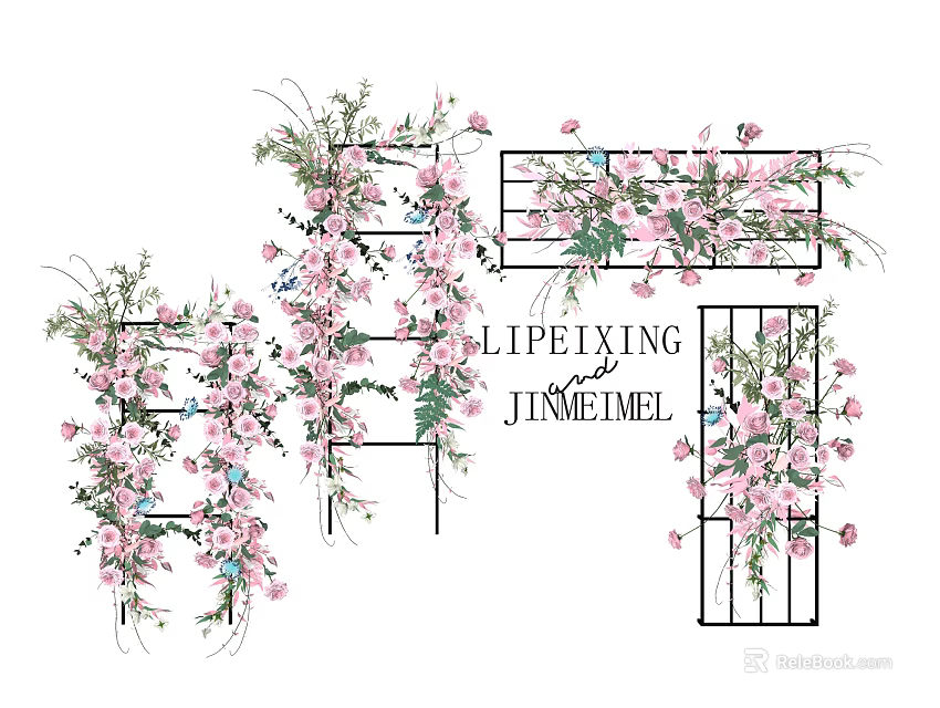 Decorative Iron Frame Vase Flowers With Pink Blooms And Green Leaves Arrangement 3d model 