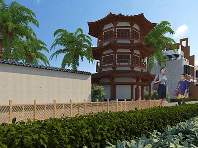 Ancient Chinese Architecture Tower With Palm Trees Green Shrubs Wooden Fence And People Nearby 3d model