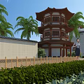 Ancient Chinese Architecture Tower With Palm Trees Green Shrubs Wooden Fence And People Nearby