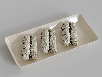 Three Delicious Macarons With White Frosting And Chocolate Drizzle On Ivory Rectangular Plate 3d model