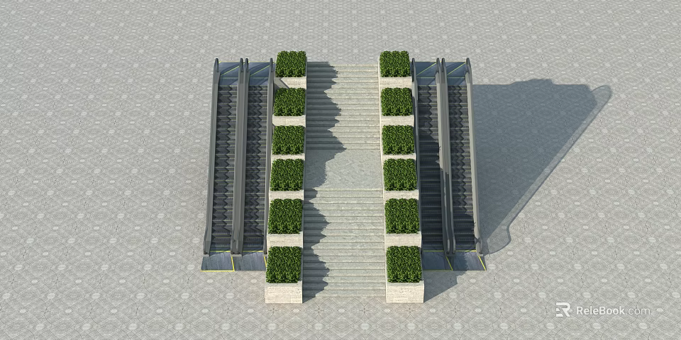 Modern Escalators With Central Staircase And Green Plants In Tiled Entrance Area 3d model 