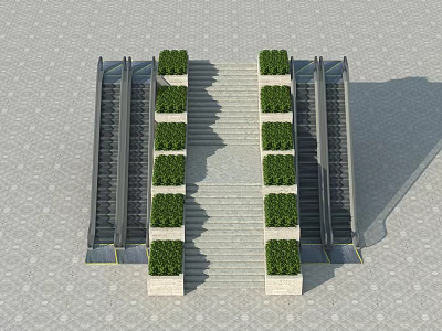 Modern Escalators With Central Staircase And Green Plants In Tiled Entrance Area 3d model