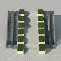 Modern Escalators With Central Staircase And Green Plants In Tiled Entrance Area