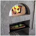 Gray Brick Fireplace with Burning Fire Wooden Shovel Stacks of Firewood and Shelf