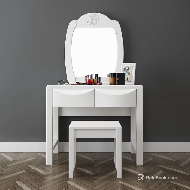 White Dressing Table with Oval Mirror Cosmetics Photo Frame and Stool 3d model 