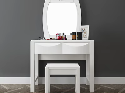 White Dressing Table with Oval Mirror Cosmetics Photo Frame and Stool 3d model