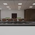 Conference Room Interior Design With Long Table Wooden Chairs Green Plants And Gray Carpet