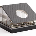 Architectural Model Of Modern Building With Sloped Roof Circular Window And Glass Walls