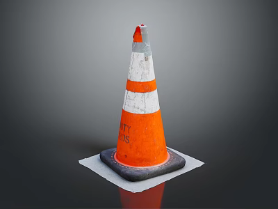 Orange And White Striped Traffic Cone With Black Base And Worn Texture On Gray Background 3d model