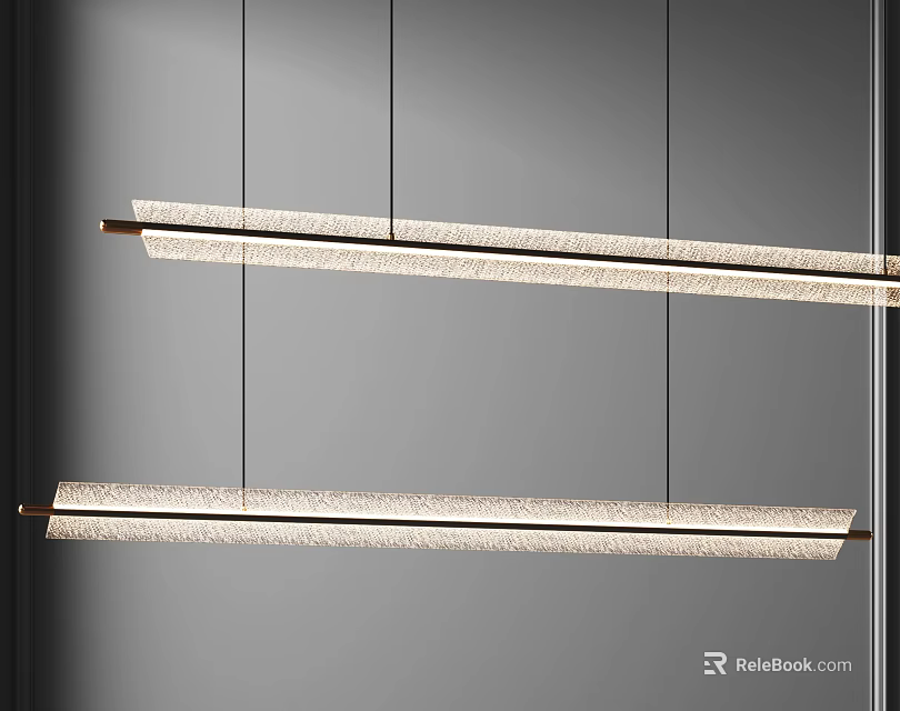 Modern Linear Chandelier with Golden Frame and Textured Shade Suspended in Contemporary Interior 3d model 