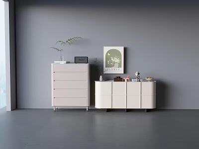 Minimalist Modern White Entryway Console Cabinet And Side Cabinet With Decorative Plant And Picture Frame 3d model