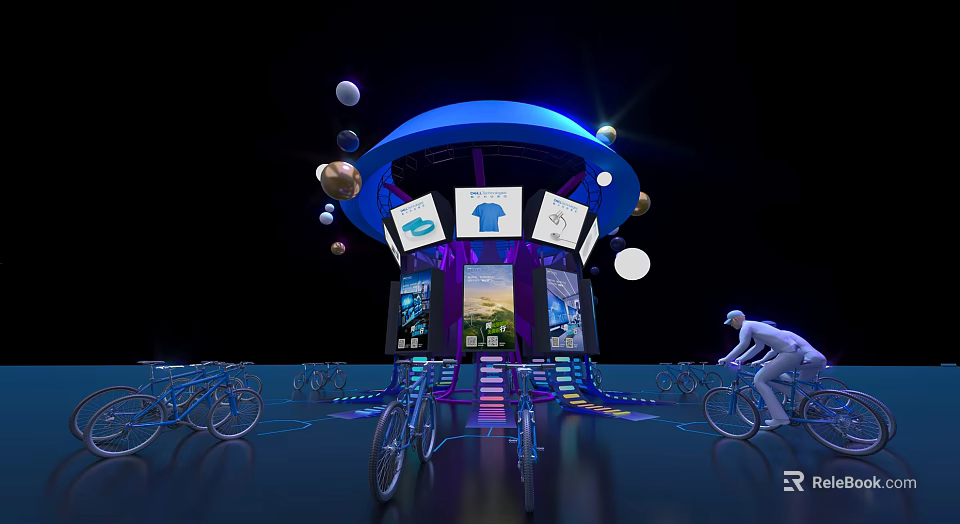 Interactive Zone With Blue Curved Structure Multiple Screens Bicycles And Sphere Decorations 3d model
