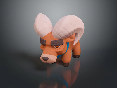 Cartoon Ram 3D Model With Large Curved White Horns Blue Collar And Serious Expression 3d model