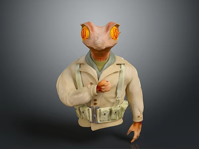 Anthropomorphic Lizard Character In Beige Military Coat With Orange Glowing Eyes Gesturing Hand And Suspenders 3d model