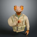 Anthropomorphic Lizard Character In Beige Military Coat With Orange Glowing Eyes Gesturing Hand And Suspenders