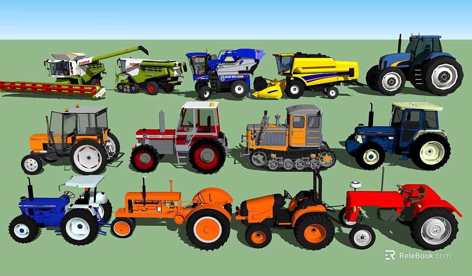 Diverse Colored Utility Vehicles Featuring Tractors Harvesters And Agricultural Models 3d model 