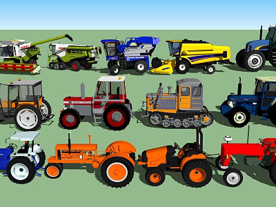 Diverse Colored Utility Vehicles Featuring Tractors Harvesters And Agricultural Models 3d model
