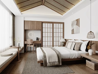 Cozy Hotel Guest Room Interior With Wooden Ceiling Japanese Style Sliding Doors And Comfortable Bed 3d model
