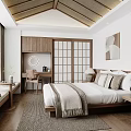 Cozy Hotel Guest Room Interior With Wooden Ceiling Japanese Style Sliding Doors And Comfortable Bed