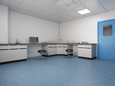 Clean Laboratory Interior With White Benches Equipment Blue Door Blue Floor And Black Stools 3d model