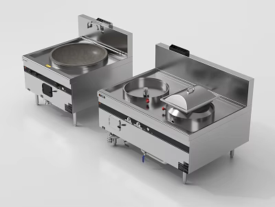 Stainless Steel Commercial Kitchen Equipment with Double Cooking Stations and Burners 3d model