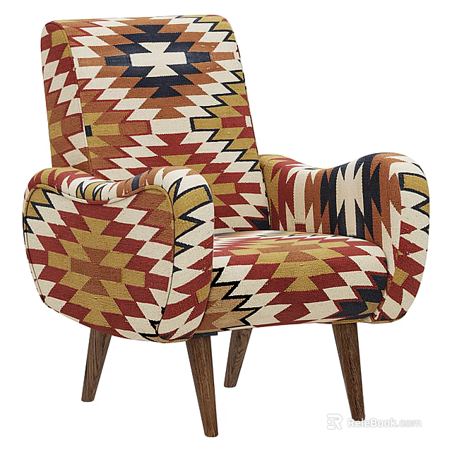 Vibrant Geometric Pattern Single Sofa With Wide Armrests And Wooden Legs 3d model 