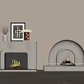 Modern White Fireplace Design With Flame Vase Framed Art And Metal Guardrail