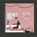 Cartoon Scene of a Pink Bedroom with Bed Desk Computer Heart Shaped Shelf and Decorations