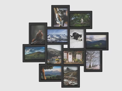 Creative Photo Wall Decor With Black Frames Featuring Scenic And Animal Prints 3d model