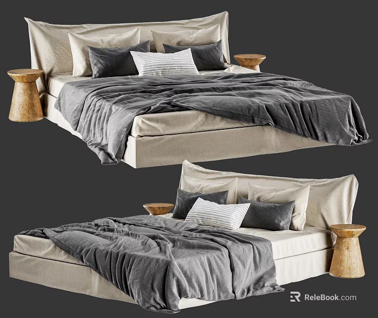 Modern Double Bed with Gray Bedding Pillows and Wooden Side Stools 3d model