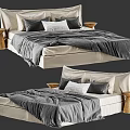 Modern Double Bed with Gray Bedding Pillows and Wooden Side Stools 3d model