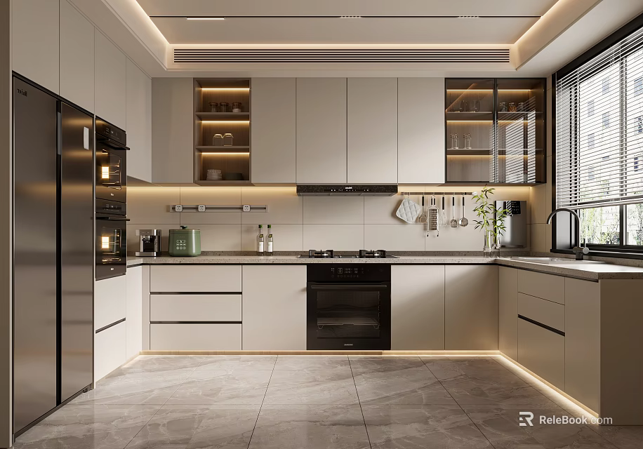 Modern Kitchen Interior Design With Light Cabinets Island Counter And Ambient Lighting 3d model 