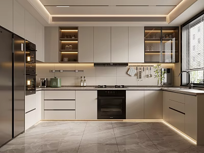 Modern Kitchen Interior Design With Light Cabinets Island Counter And Ambient Lighting 3d model