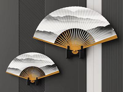Fan Shaped Wall Decor With Mountain Cloud Pattern White And Gold On Striped Background 3d model