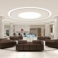 Spacious Bank Lobby With White And Beige Tones Reception Desk Sofas And Round Ceiling Lights 3d model